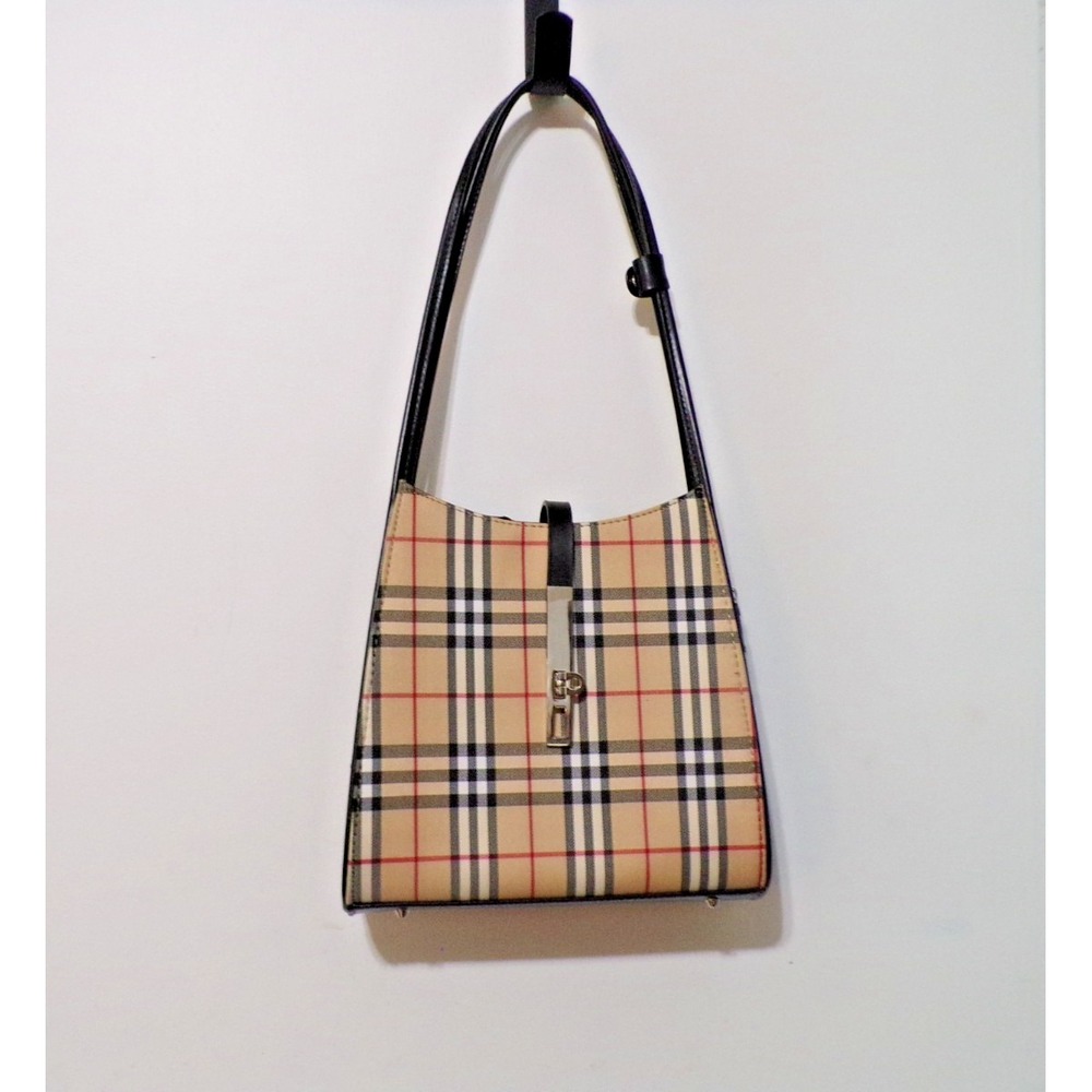 Plaid & Black Gold Tone Accents Zipper & Twist Close Shoulder Bag 9.5"LX10"HX2.5